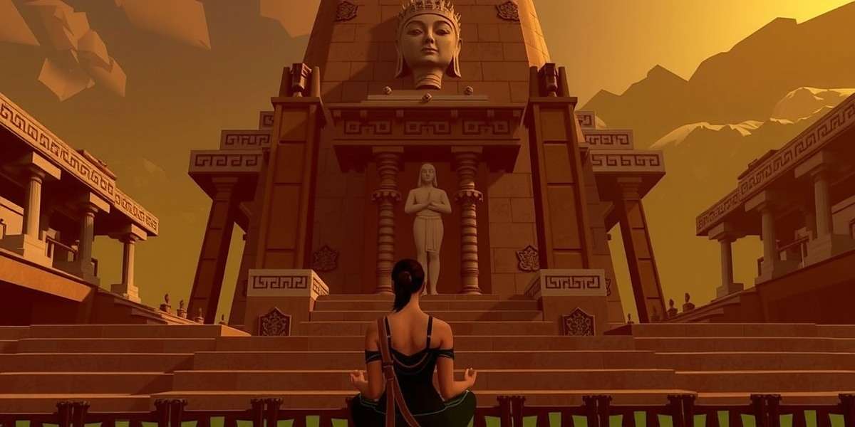 Maya - The Protagonist of Sacred Sanctum Quest Sacred Sanctum Quest character Maya meditating before an ancient temple statue